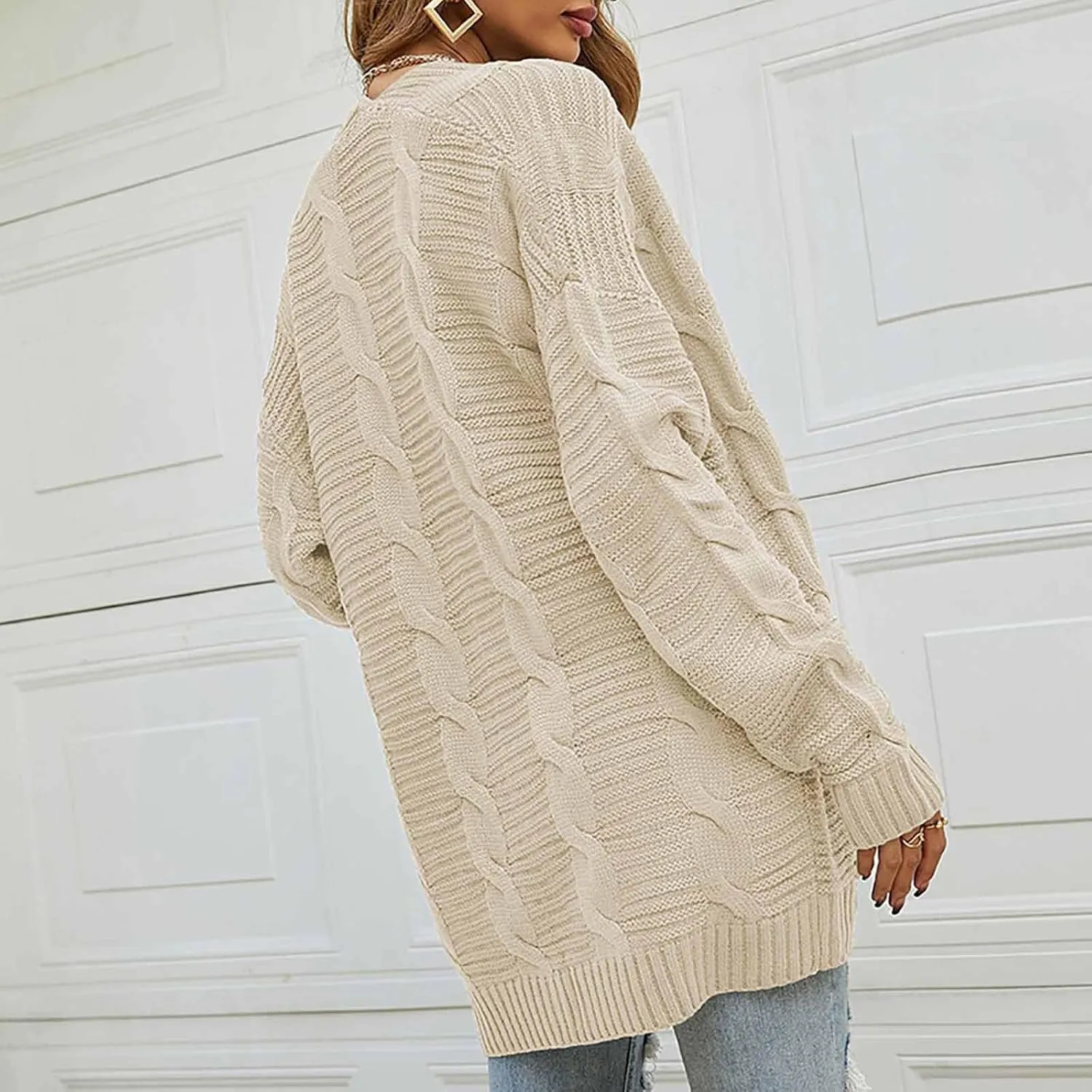 Womens Cardigan Lightweight Long Sleeve Cardigan Color Block Cable Knit Open Front Cardigan with Pockets