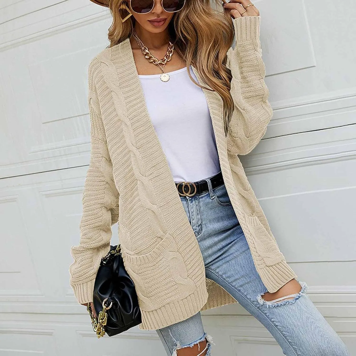 Womens Cardigan Lightweight Long Sleeve Cardigan Color Block Cable Knit Open Front Cardigan with Pockets