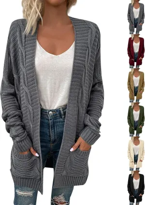 Womens Cardigan Lightweight Long Sleeve Cardigan Color Block Cable Knit Open Front Cardigan with Pockets