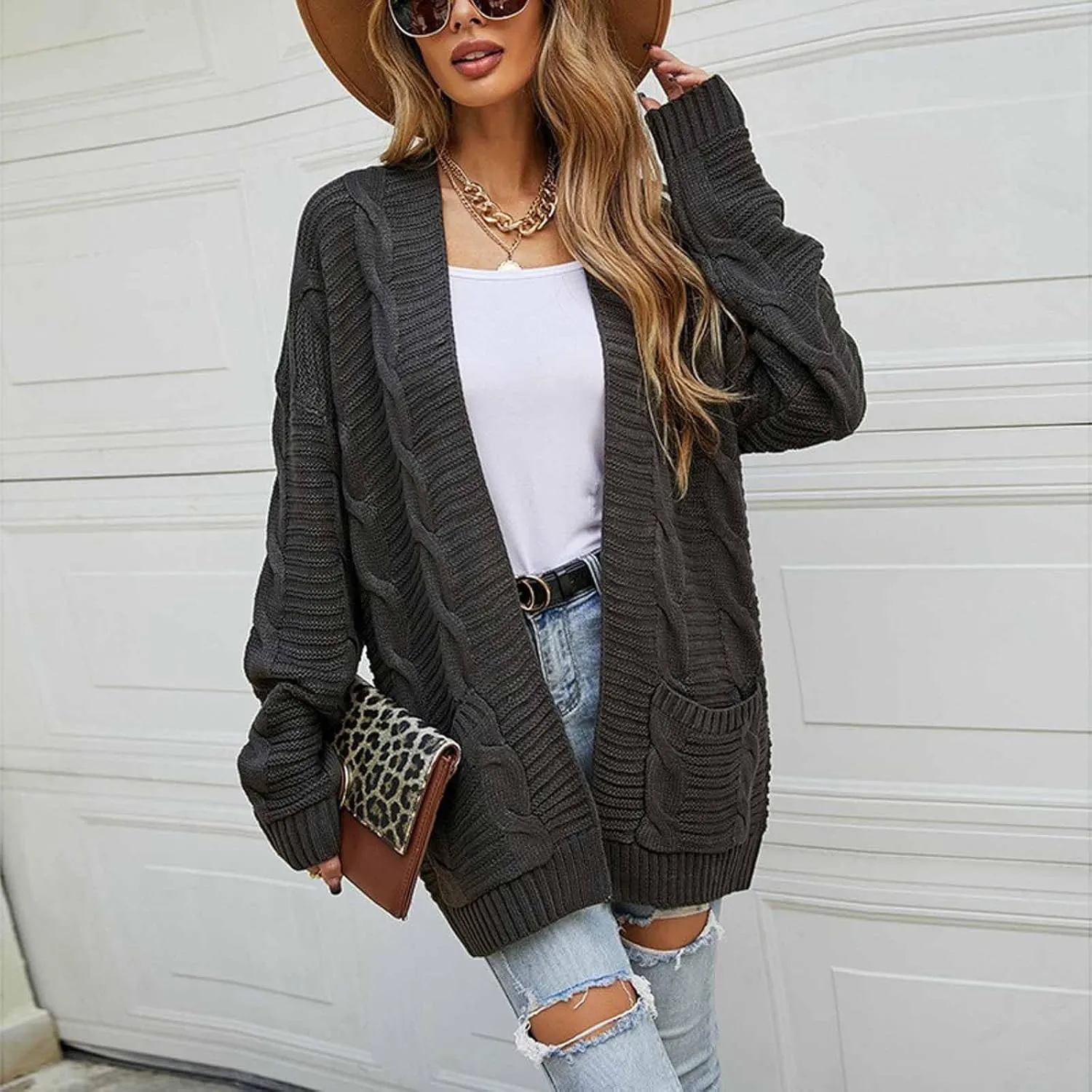 Womens Cardigan Lightweight Long Sleeve Cardigan Color Block Cable Knit Open Front Cardigan with Pockets