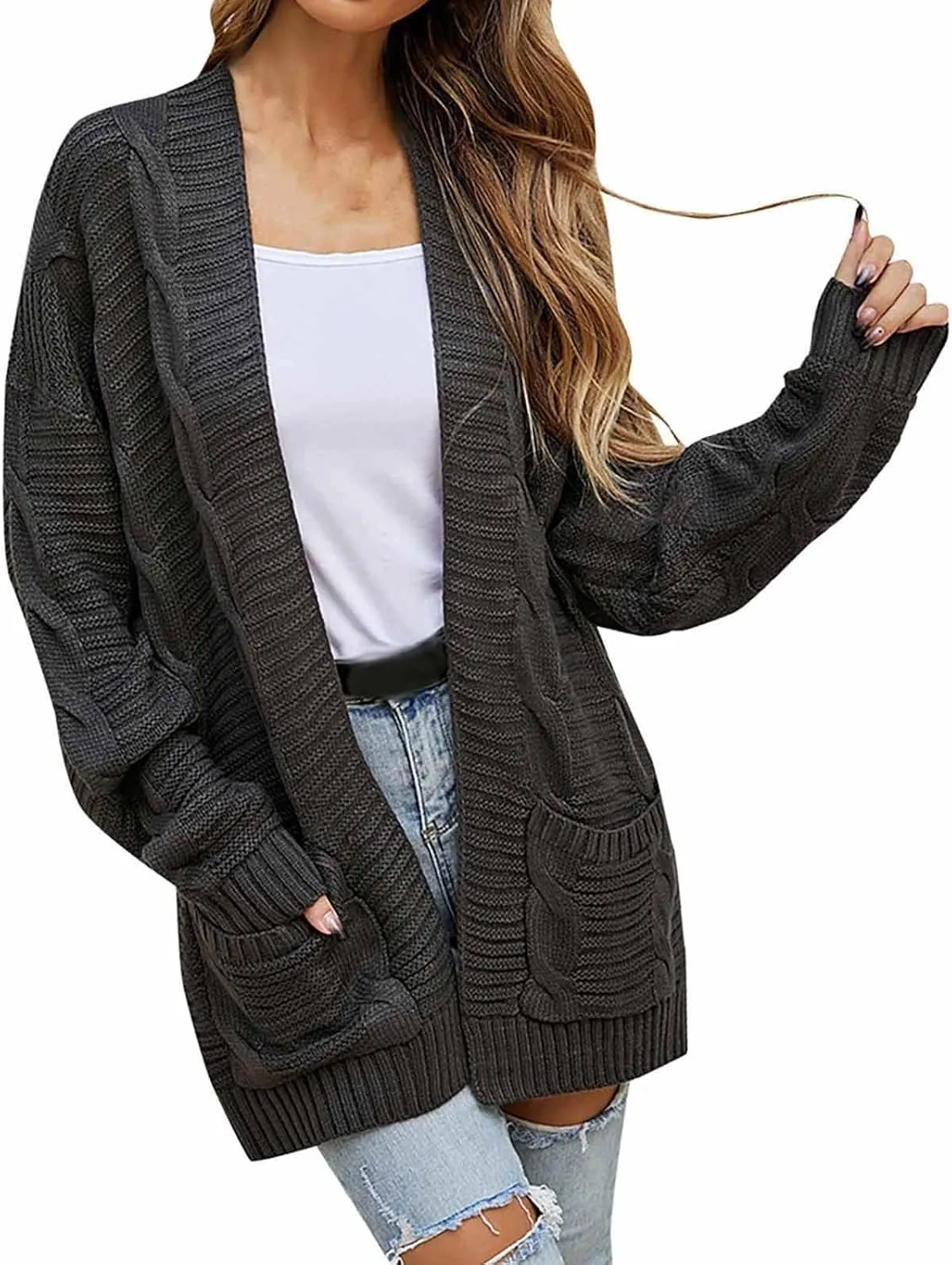 Womens Cardigan Lightweight Long Sleeve Cardigan Color Block Cable Knit Open Front Cardigan with Pockets