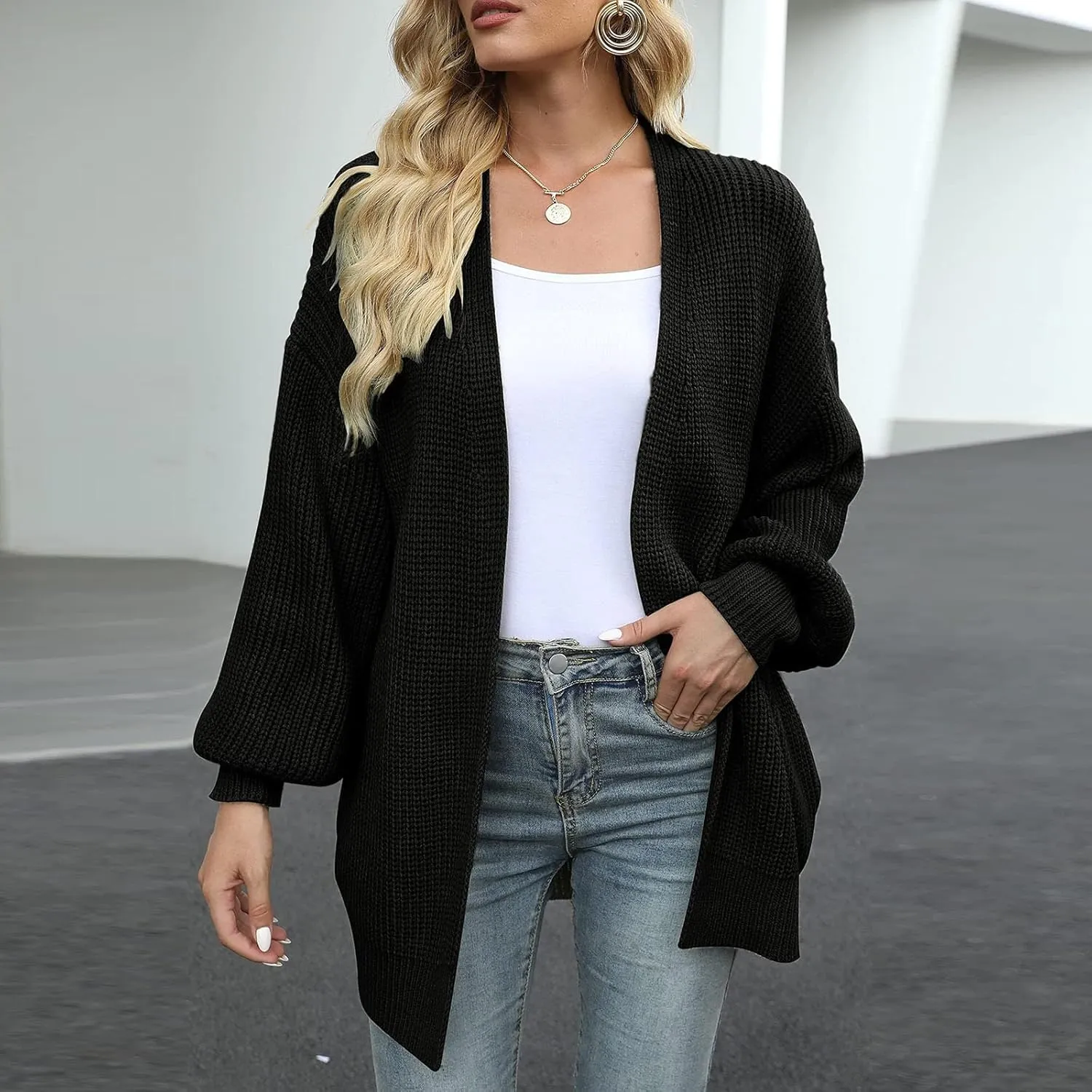 Women's Cardigan Open Front Long Lantern Sleeve Sweater Coats Fall 2024 Oversized Chunky Knit Outwear with Pockets