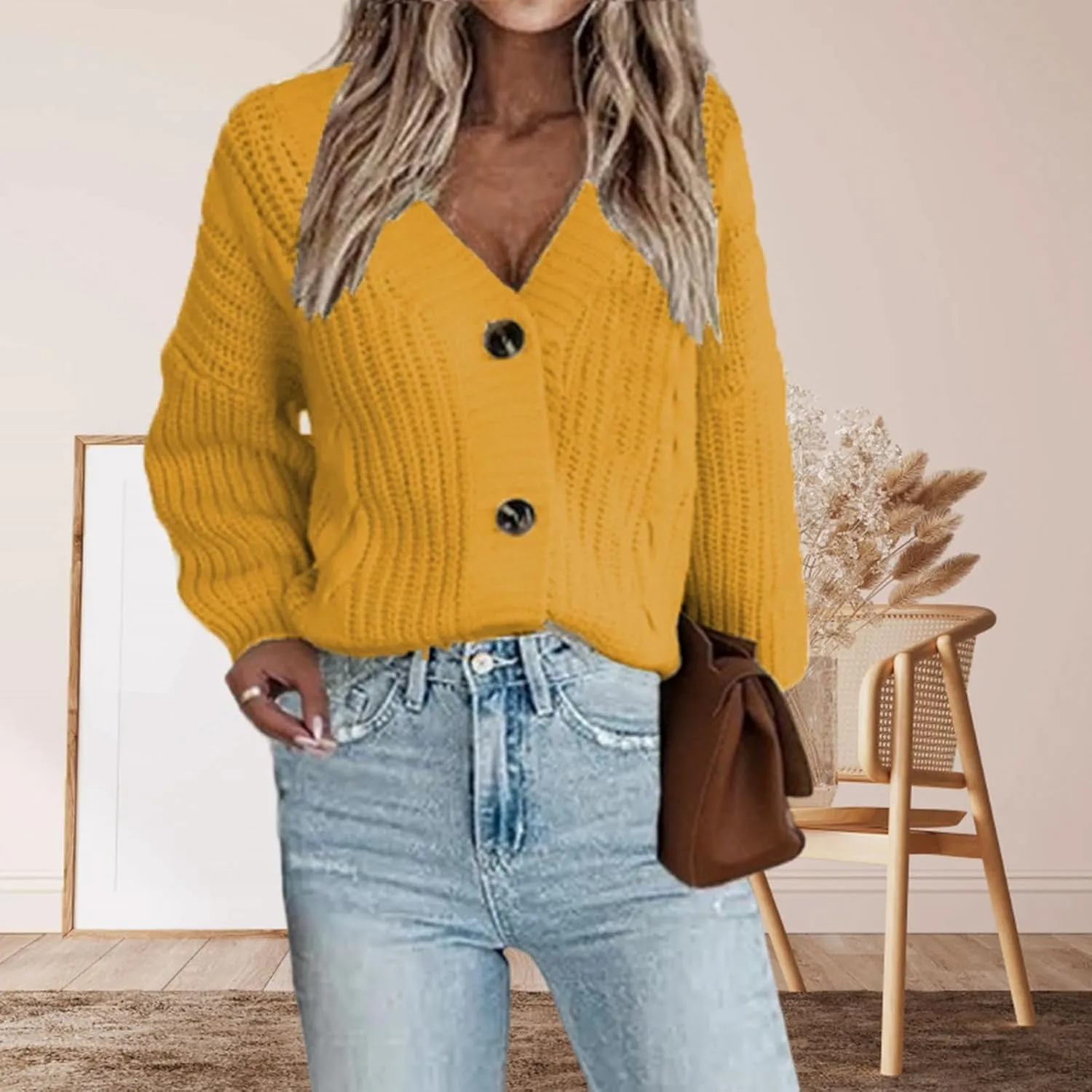 Women's Cardigan Sweater 2024 Fall Winter Casual Long Sleeve Open Front Cardigans Button Down Knit Chunky Outwear Coats