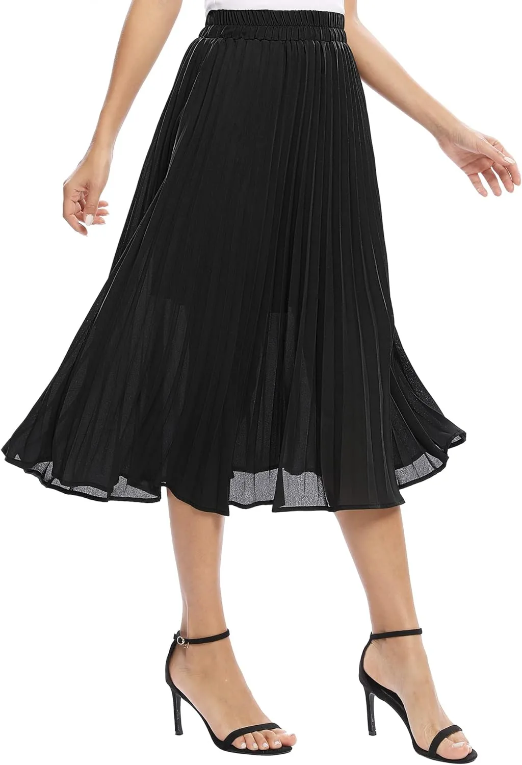 Women's Casual Chiffon Elastic Waist A-Line Pleated Midi Skirt with Pockets