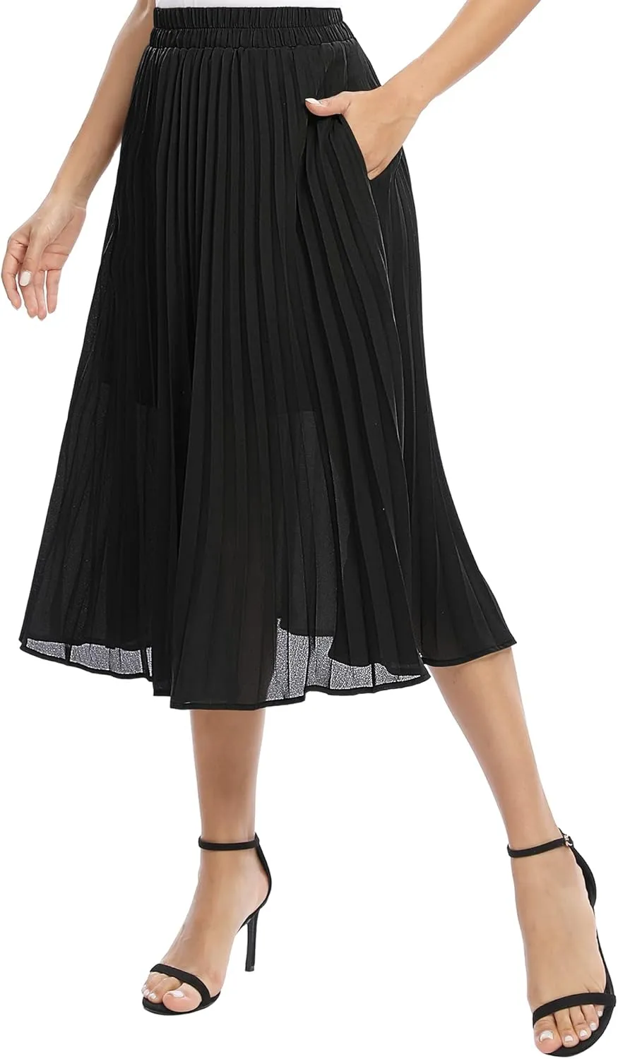 Women's Casual Chiffon Elastic Waist A-Line Pleated Midi Skirt with Pockets