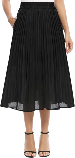 Women's Casual Chiffon Elastic Waist A-Line Pleated Midi Skirt with Pockets
