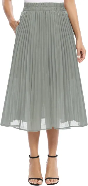Women's Casual Chiffon Elastic Waist A-Line Pleated Midi Skirt with Pockets
