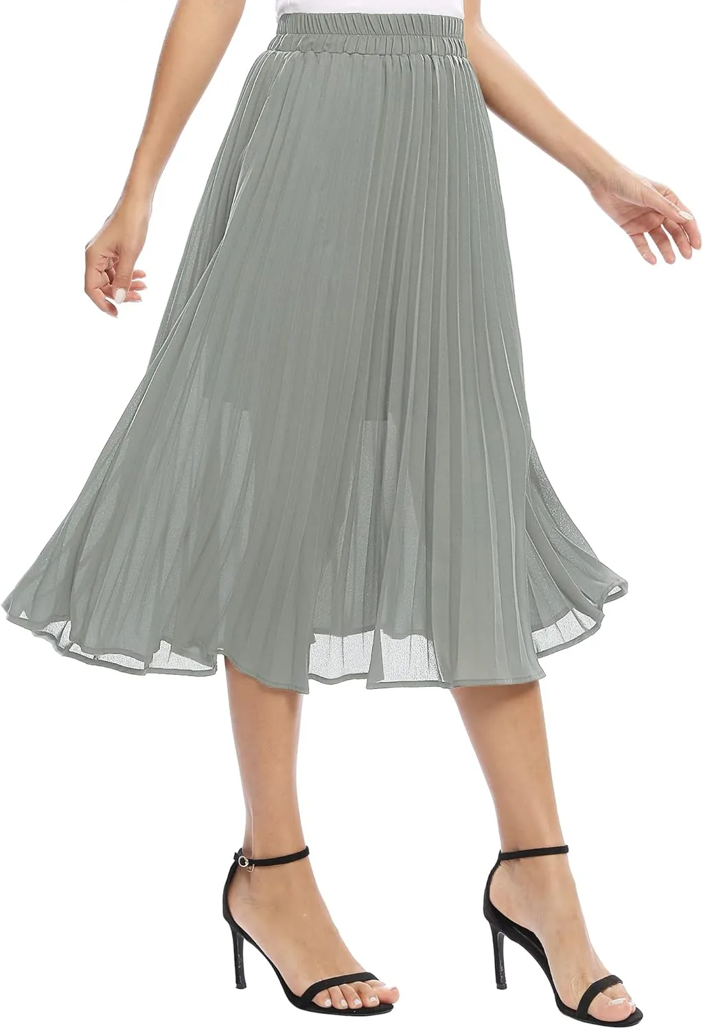 Women's Casual Chiffon Elastic Waist A-Line Pleated Midi Skirt with Pockets