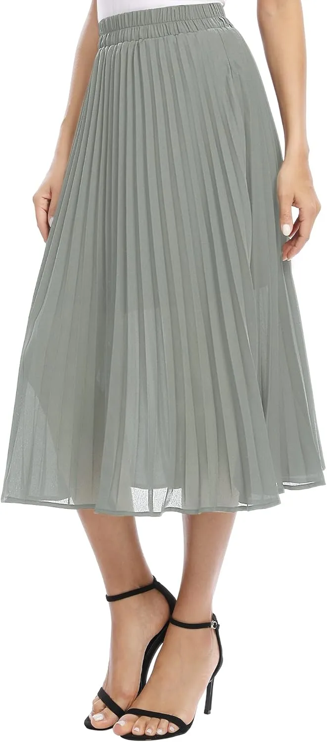 Women's Casual Chiffon Elastic Waist A-Line Pleated Midi Skirt with Pockets