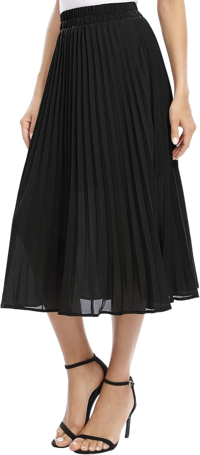 Women's Casual Chiffon Elastic Waist A-Line Pleated Midi Skirt with Pockets