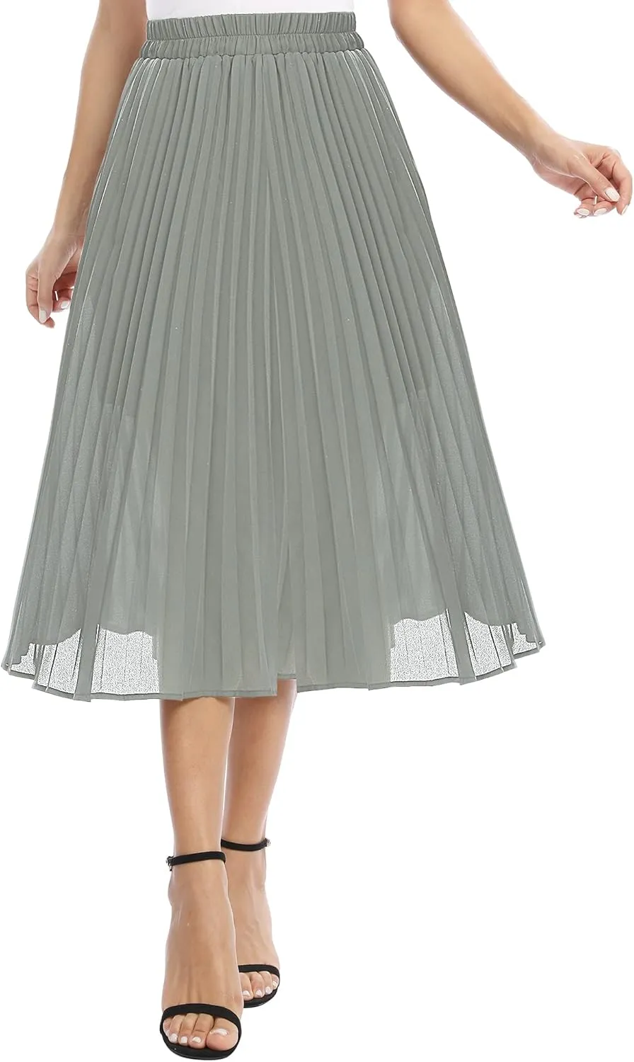 Women's Casual Chiffon Elastic Waist A-Line Pleated Midi Skirt with Pockets