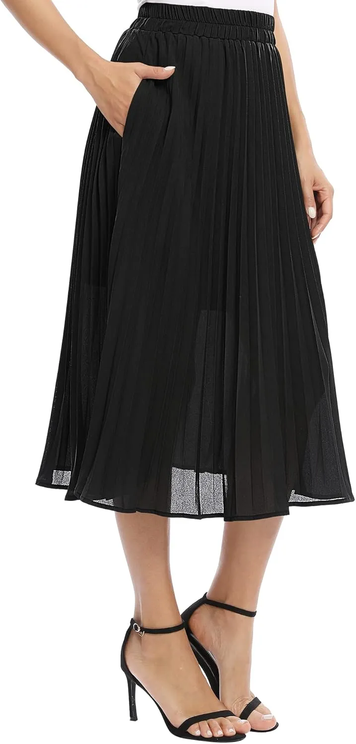 Women's Casual Chiffon Elastic Waist A-Line Pleated Midi Skirt with Pockets