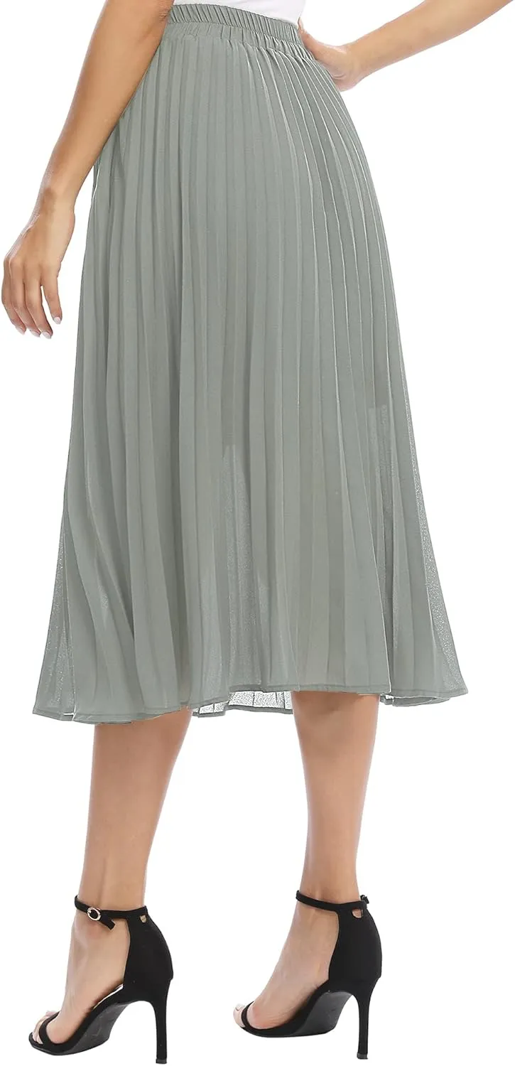 Women's Casual Chiffon Elastic Waist A-Line Pleated Midi Skirt with Pockets