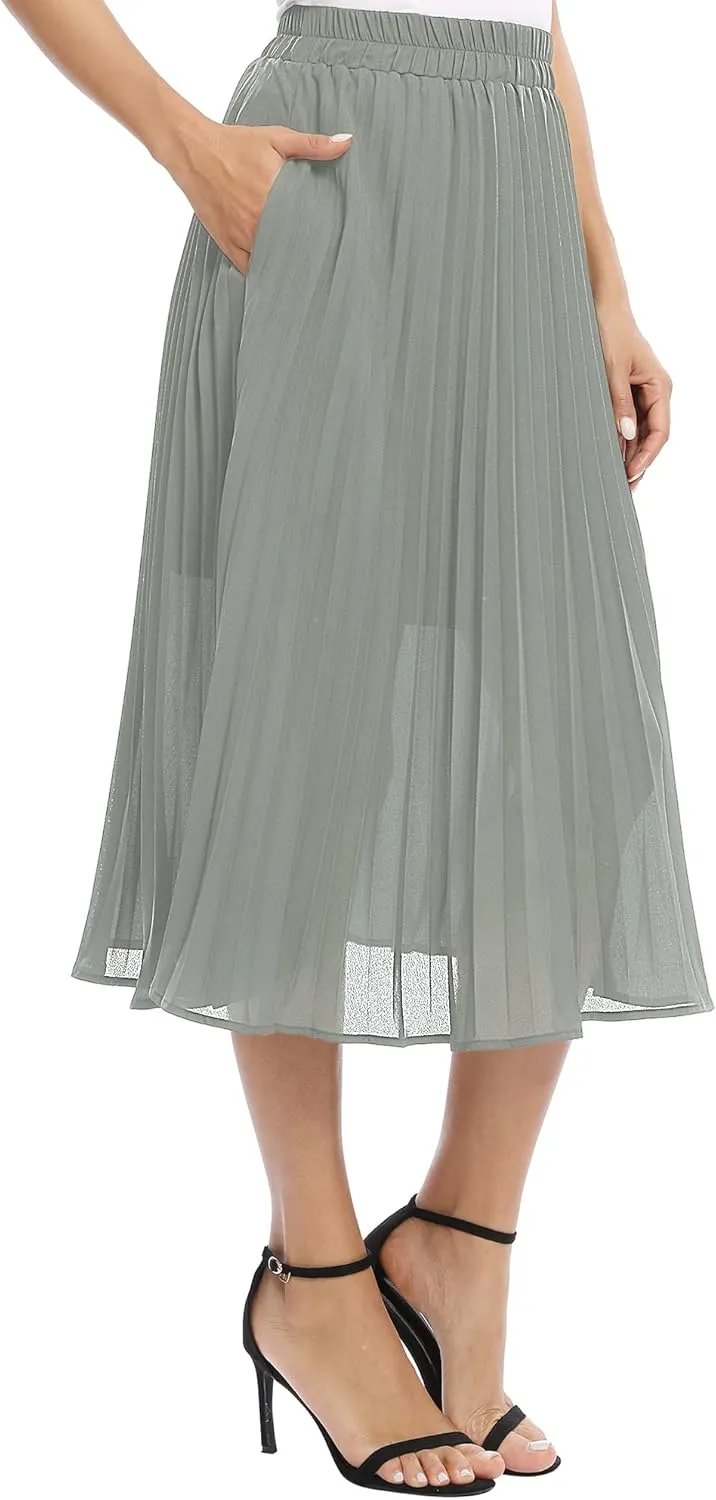 Women's Casual Chiffon Elastic Waist A-Line Pleated Midi Skirt with Pockets