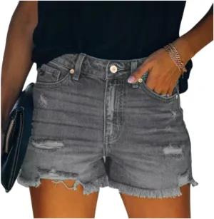 Womens Casual High Waisted Denim Shorts Frayed Raw Hem Ripped Jeans Shorts Cut Off Denim Hot Short Summer Jean Shorts