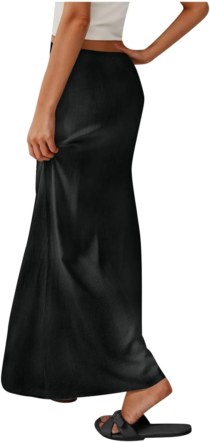 Women's Casual Long Skirts Drawstring Low Waist Maxi Skirt Summer Solid Color Loose Lightweight Beach Dress 2025