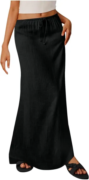 Women's Casual Long Skirts Drawstring Low Waist Maxi Skirt Summer Solid Color Loose Lightweight Beach Dress 2025