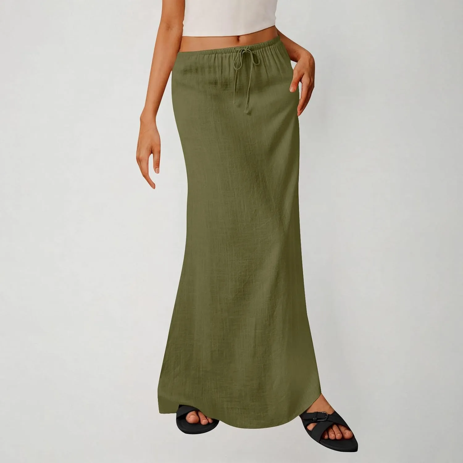 Womens Casual Maxi Skirts 2025 Summer Trendy Long Skirt Drawstring Waist Beach Vacation Soft Comfy Solid Work Clothes