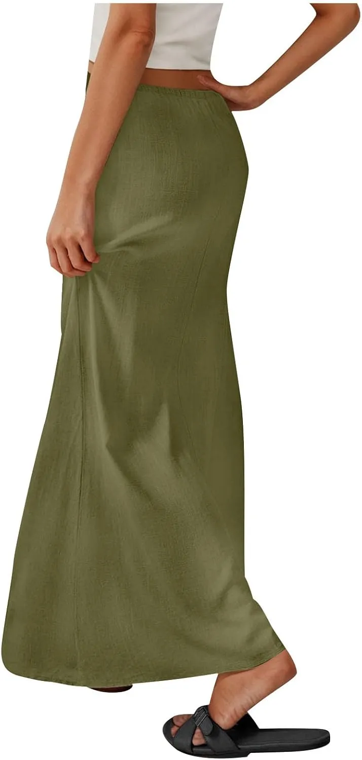 Womens Casual Maxi Skirts 2025 Summer Trendy Long Skirt Drawstring Waist Beach Vacation Soft Comfy Solid Work Clothes