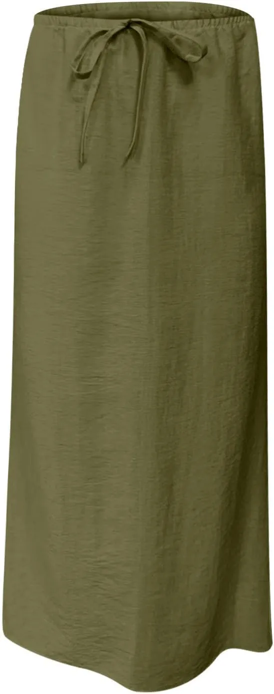 Womens Casual Maxi Skirts 2025 Summer Trendy Long Skirt Drawstring Waist Beach Vacation Soft Comfy Solid Work Clothes
