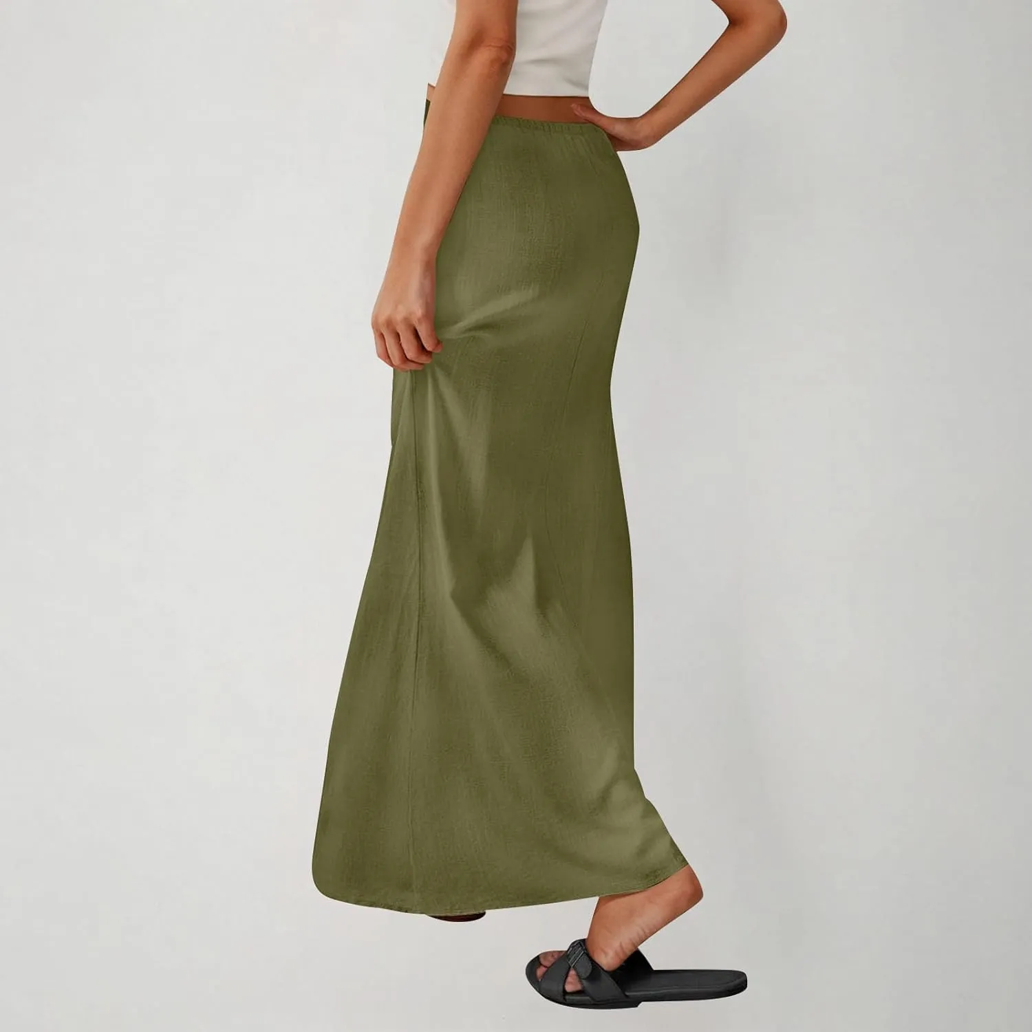 Womens Casual Maxi Skirts 2025 Summer Trendy Long Skirt Drawstring Waist Beach Vacation Soft Comfy Solid Work Clothes