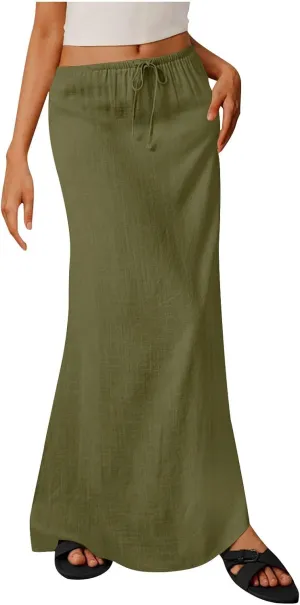 Womens Casual Maxi Skirts 2025 Summer Trendy Long Skirt Drawstring Waist Beach Vacation Soft Comfy Solid Work Clothes
