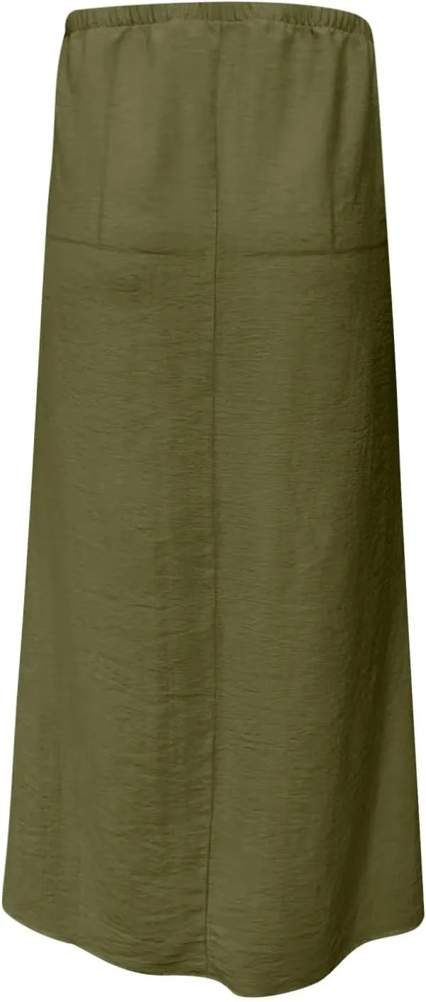Womens Casual Maxi Skirts 2025 Summer Trendy Long Skirt Drawstring Waist Beach Vacation Soft Comfy Solid Work Clothes
