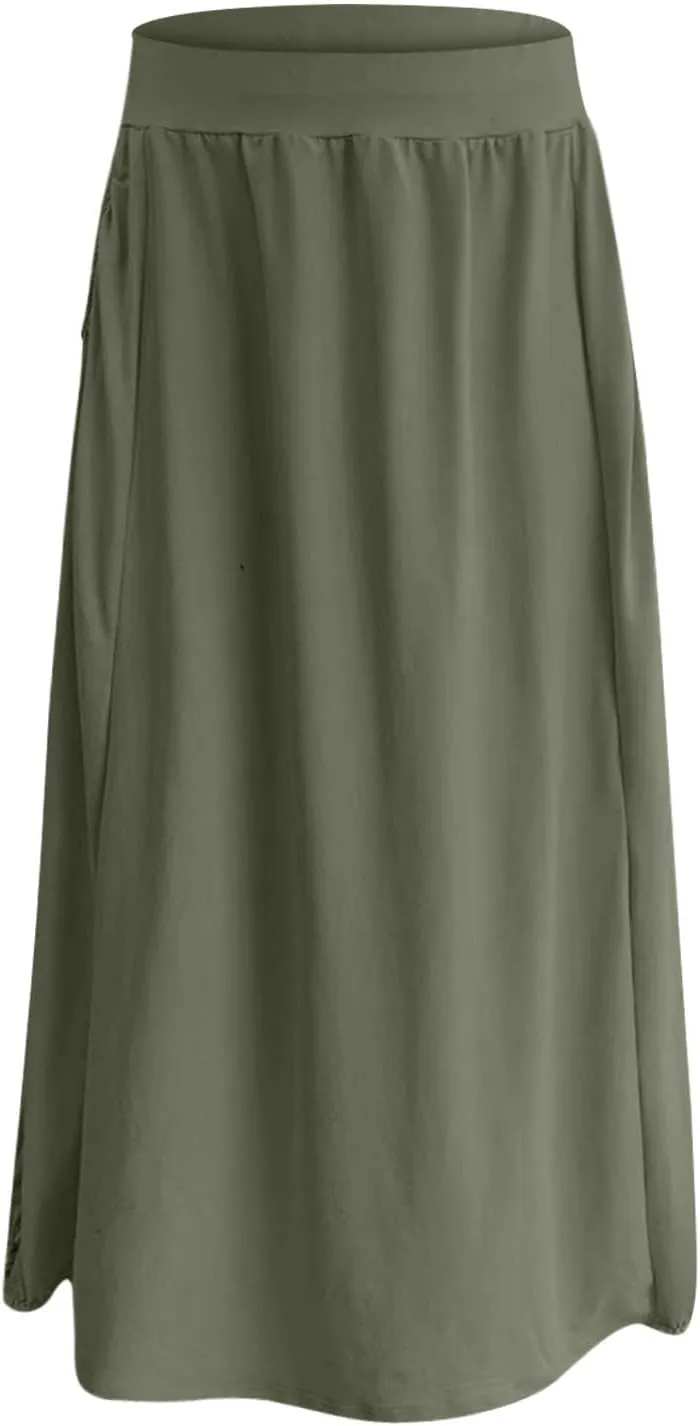Womens Casual Maxi Skirts Trendy Elastic Waist Loose Long Skirt with Pocket Summer Solid Beach Vacation Outfits 2025