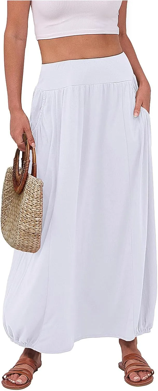 Womens Casual Maxi Skirts Trendy Elastic Waist Loose Long Skirt with Pocket Summer Solid Beach Vacation Outfits 2025