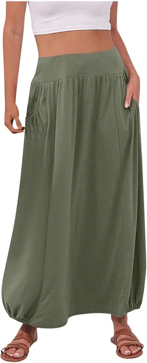 Womens Casual Maxi Skirts Trendy Elastic Waist Loose Long Skirt with Pocket Summer Solid Beach Vacation Outfits 2025