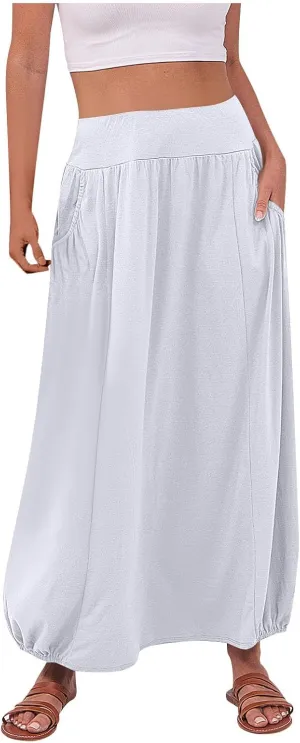 Womens Casual Maxi Skirts Trendy Elastic Waist Loose Long Skirt with Pocket Summer Solid Beach Vacation Outfits 2025