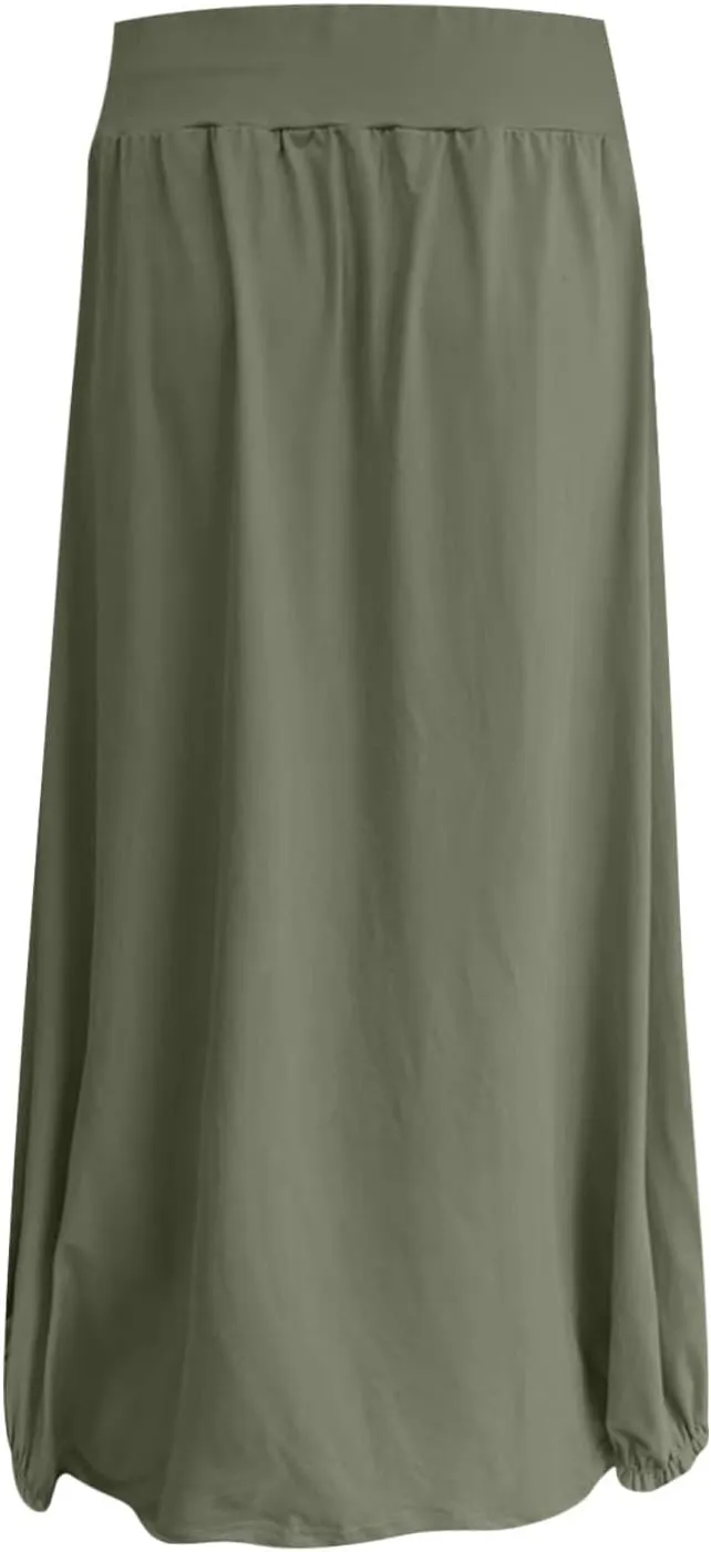 Womens Casual Maxi Skirts Trendy Elastic Waist Loose Long Skirt with Pocket Summer Solid Beach Vacation Outfits 2025