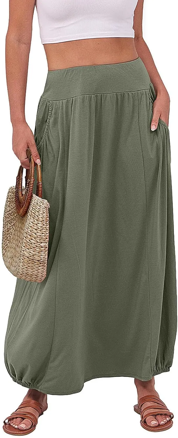 Womens Casual Maxi Skirts Trendy Elastic Waist Loose Long Skirt with Pocket Summer Solid Beach Vacation Outfits 2025