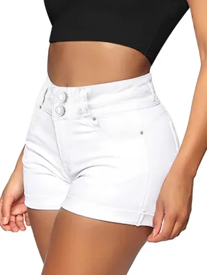 Womens Casual Stretchy Denim Shorts Cuffed High Waisted Jean Shorts Folded Hem Buttons Denim Shorts