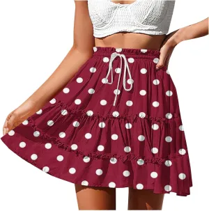 Women's Casual Summer Skirts High Waist Pleated Skirts A-Line Flowy Swing Tiered Skirt Polka Dots Beach Skirt