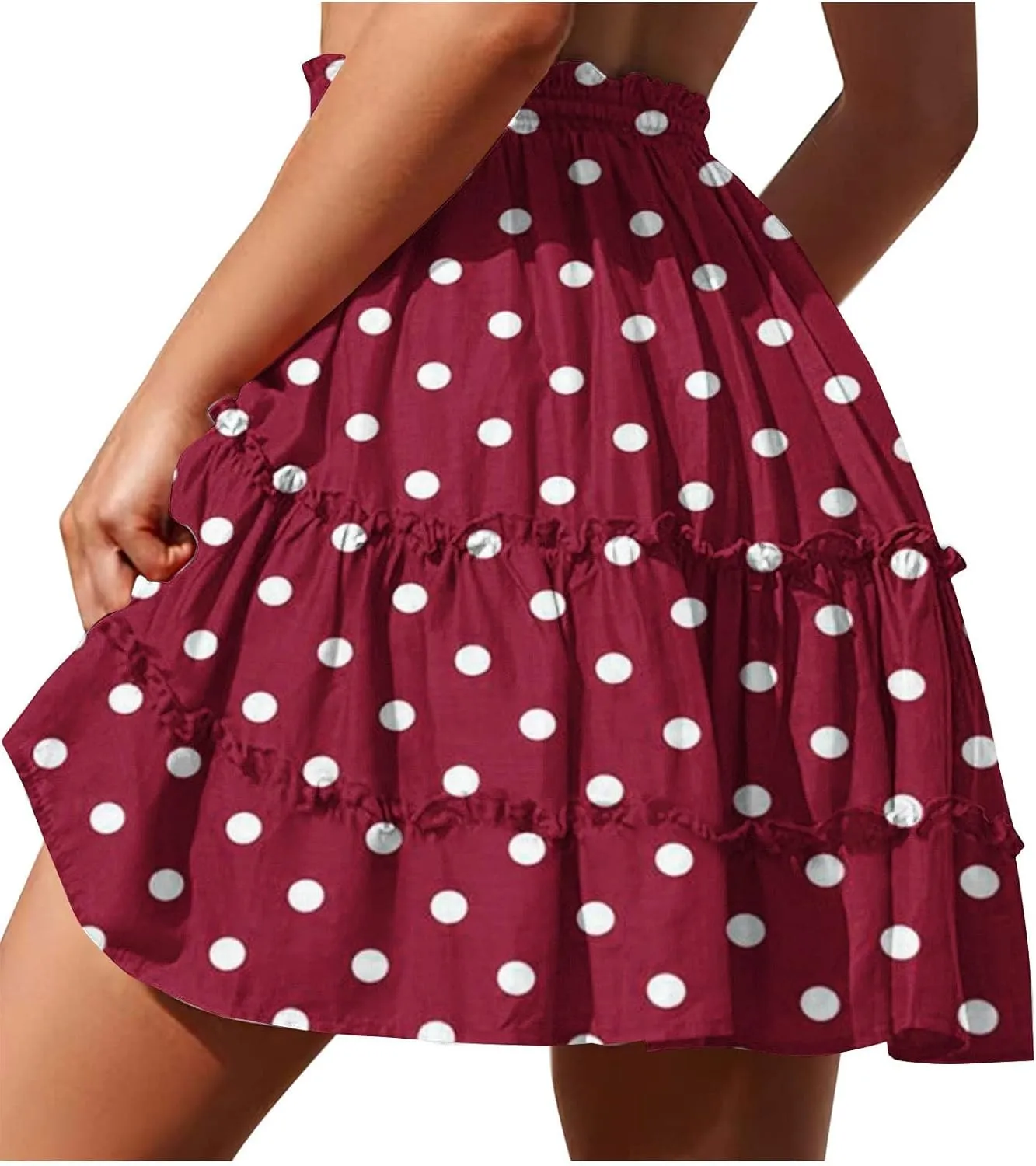 Women's Casual Summer Skirts High Waist Pleated Skirts A-Line Flowy Swing Tiered Skirt Polka Dots Beach Skirt