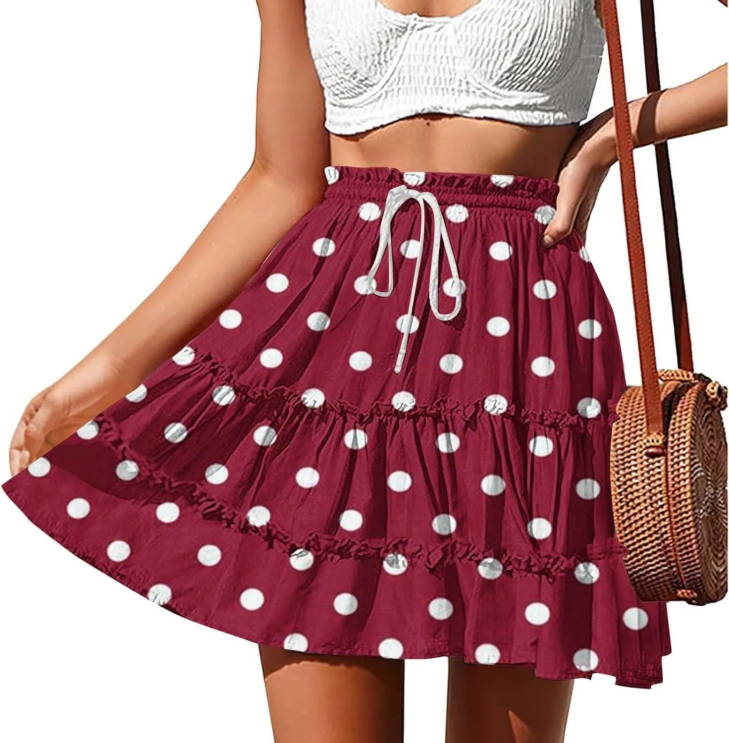 Women's Casual Summer Skirts High Waist Pleated Skirts A-Line Flowy Swing Tiered Skirt Polka Dots Beach Skirt