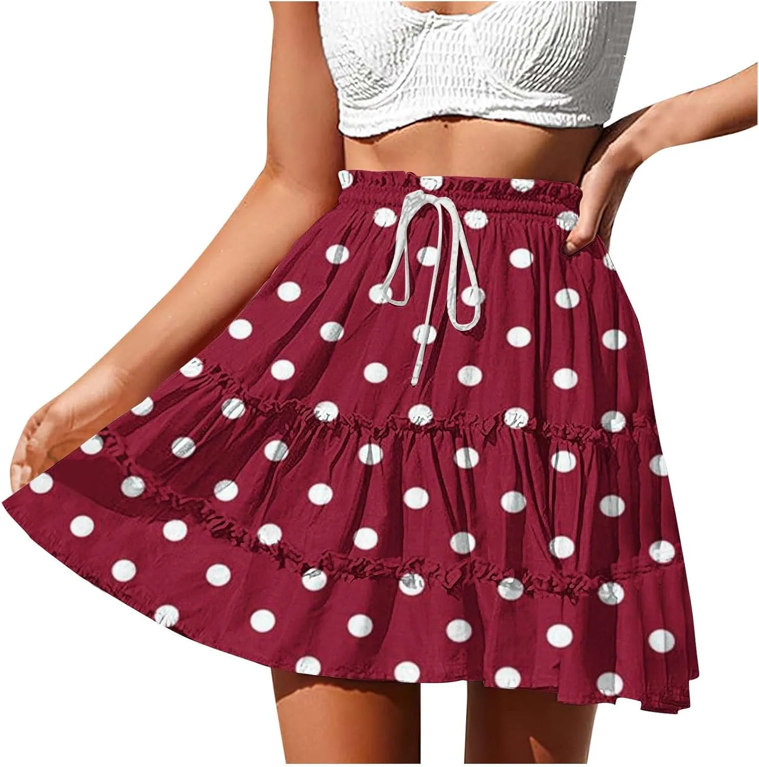 Women's Casual Summer Skirts High Waist Pleated Skirts A-Line Flowy Swing Tiered Skirt Polka Dots Beach Skirt