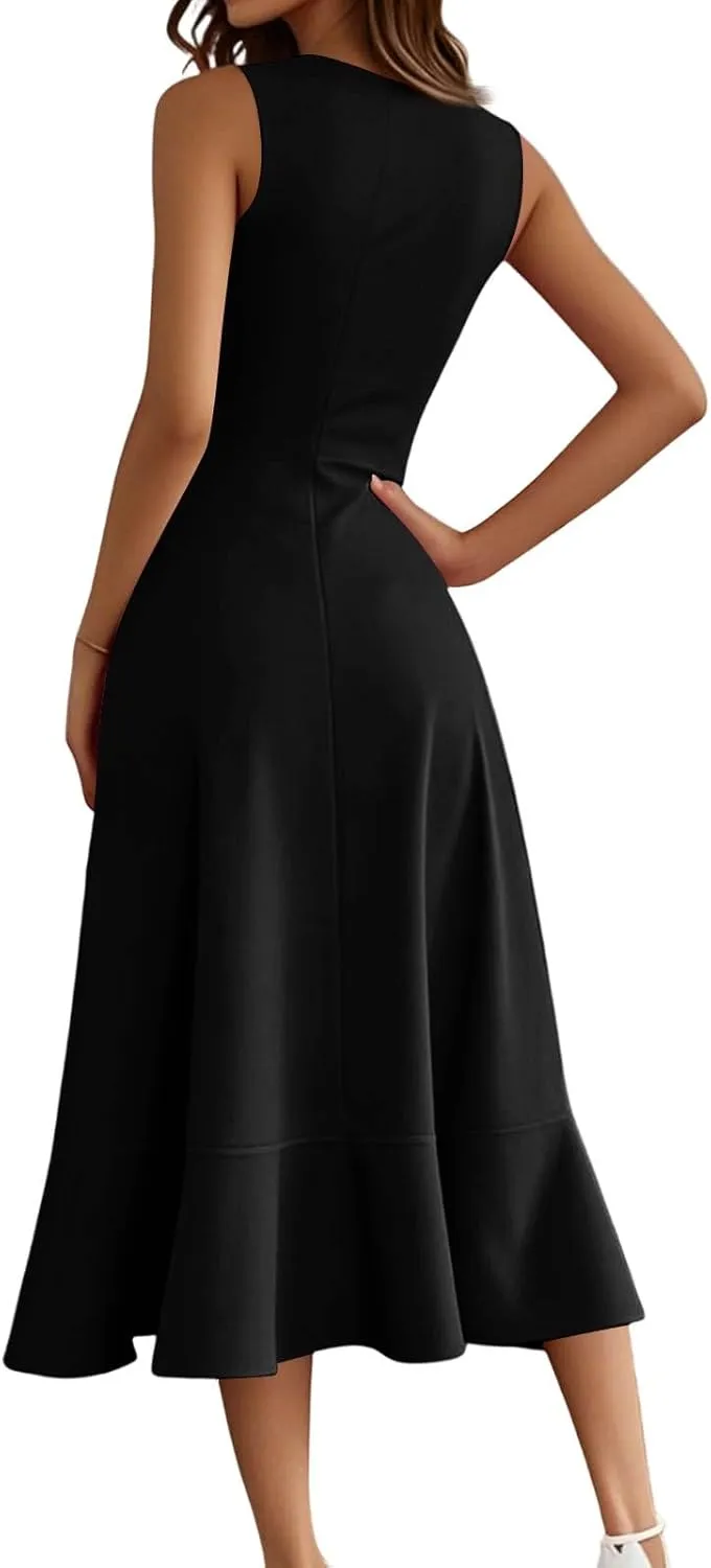 Women's Cocktail Party Formal Wedding Guest Church Dresses Sleeveless Midi Modest Graduation Prom Evening Dress