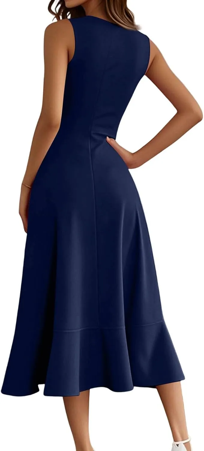 Women's Cocktail Party Formal Wedding Guest Church Dresses Sleeveless Midi Modest Graduation Prom Evening Dress