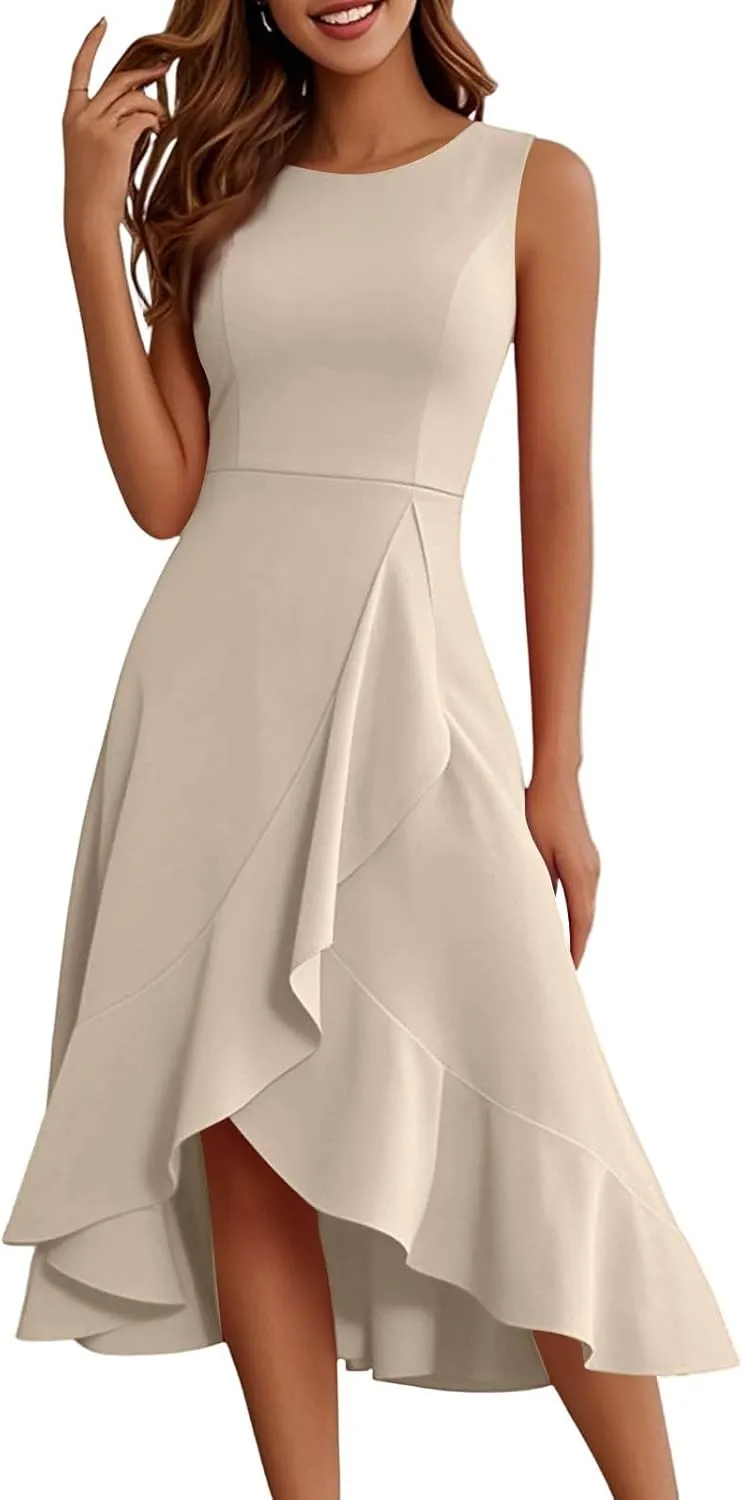Women's Cocktail Party Formal Wedding Guest Church Dresses Sleeveless Midi Modest Graduation Prom Evening Dress