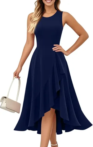 Women's Cocktail Party Formal Wedding Guest Church Dresses Sleeveless Midi Modest Graduation Prom Evening Dress