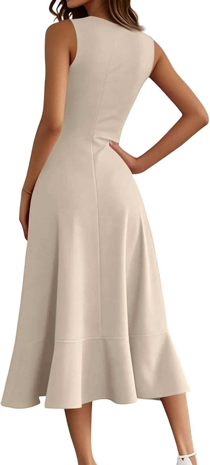 Women's Cocktail Party Formal Wedding Guest Church Dresses Sleeveless Midi Modest Graduation Prom Evening Dress