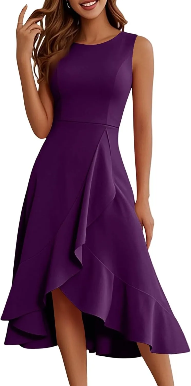 Women's Cocktail Party Formal Wedding Guest Church Dresses Sleeveless Midi Modest Graduation Prom Evening Dress