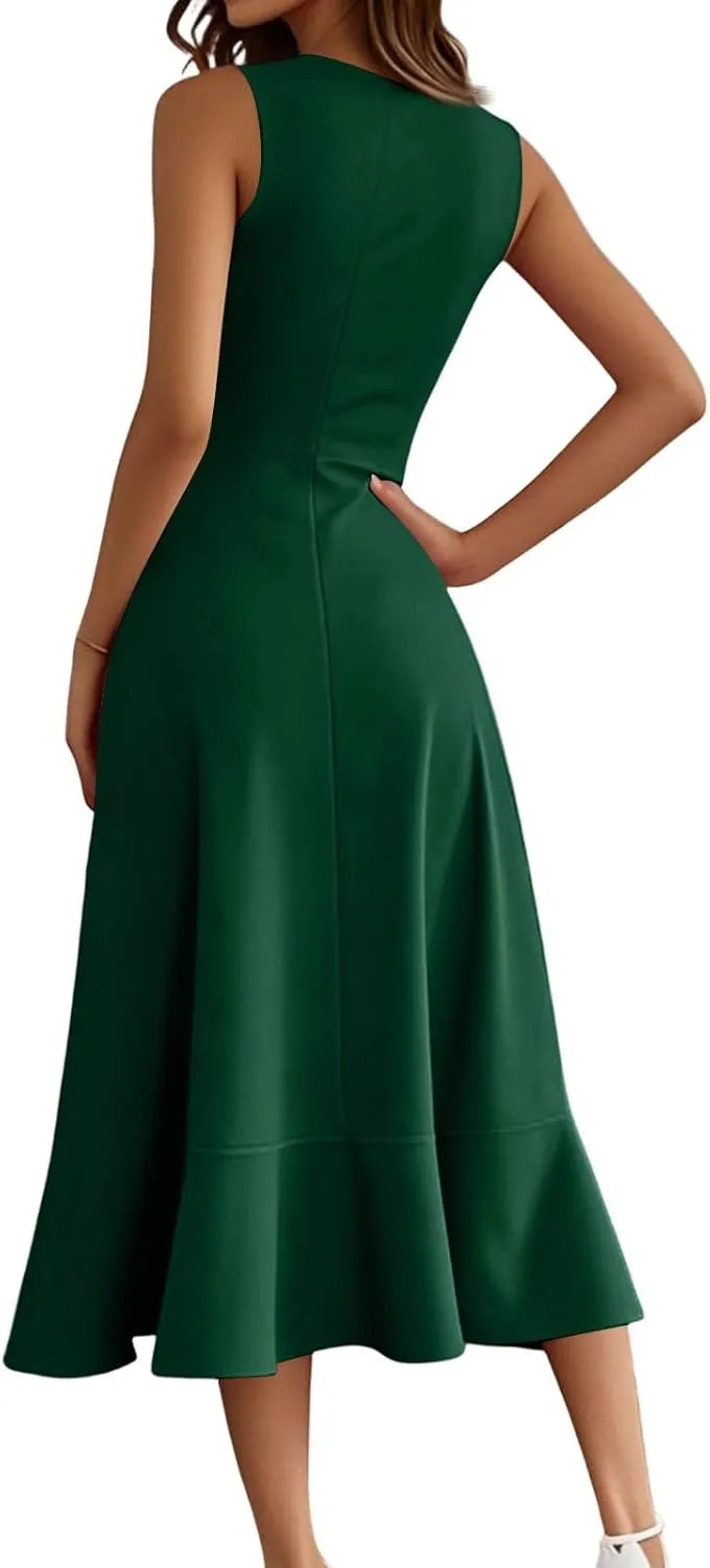 Women's Cocktail Party Formal Wedding Guest Church Dresses Sleeveless Midi Modest Graduation Prom Evening Dress