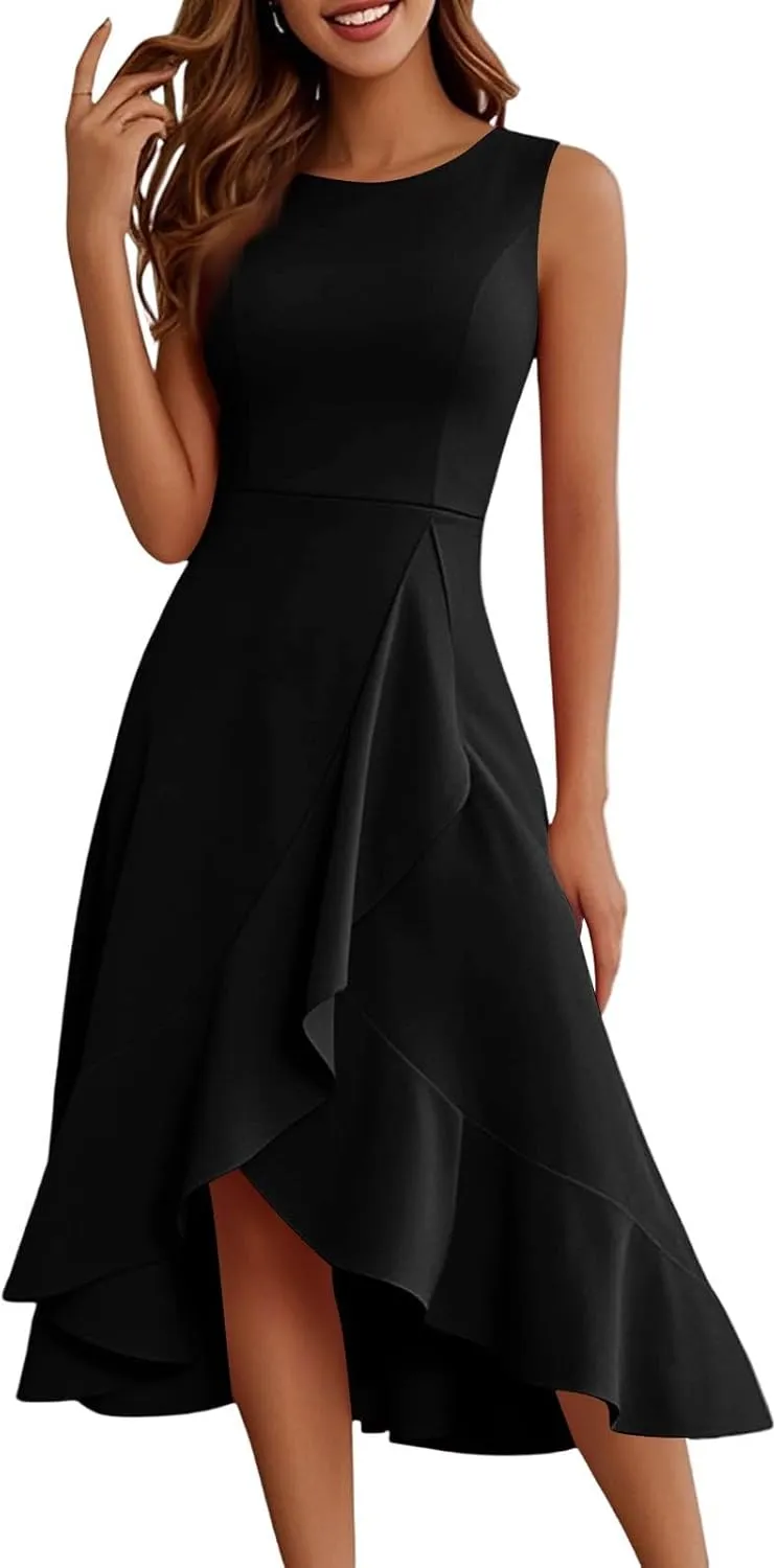 Women's Cocktail Party Formal Wedding Guest Church Dresses Sleeveless Midi Modest Graduation Prom Evening Dress