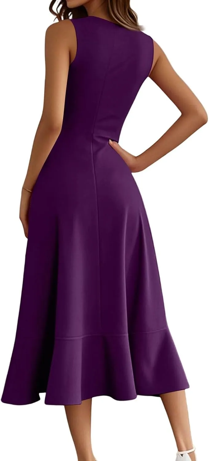 Women's Cocktail Party Formal Wedding Guest Church Dresses Sleeveless Midi Modest Graduation Prom Evening Dress