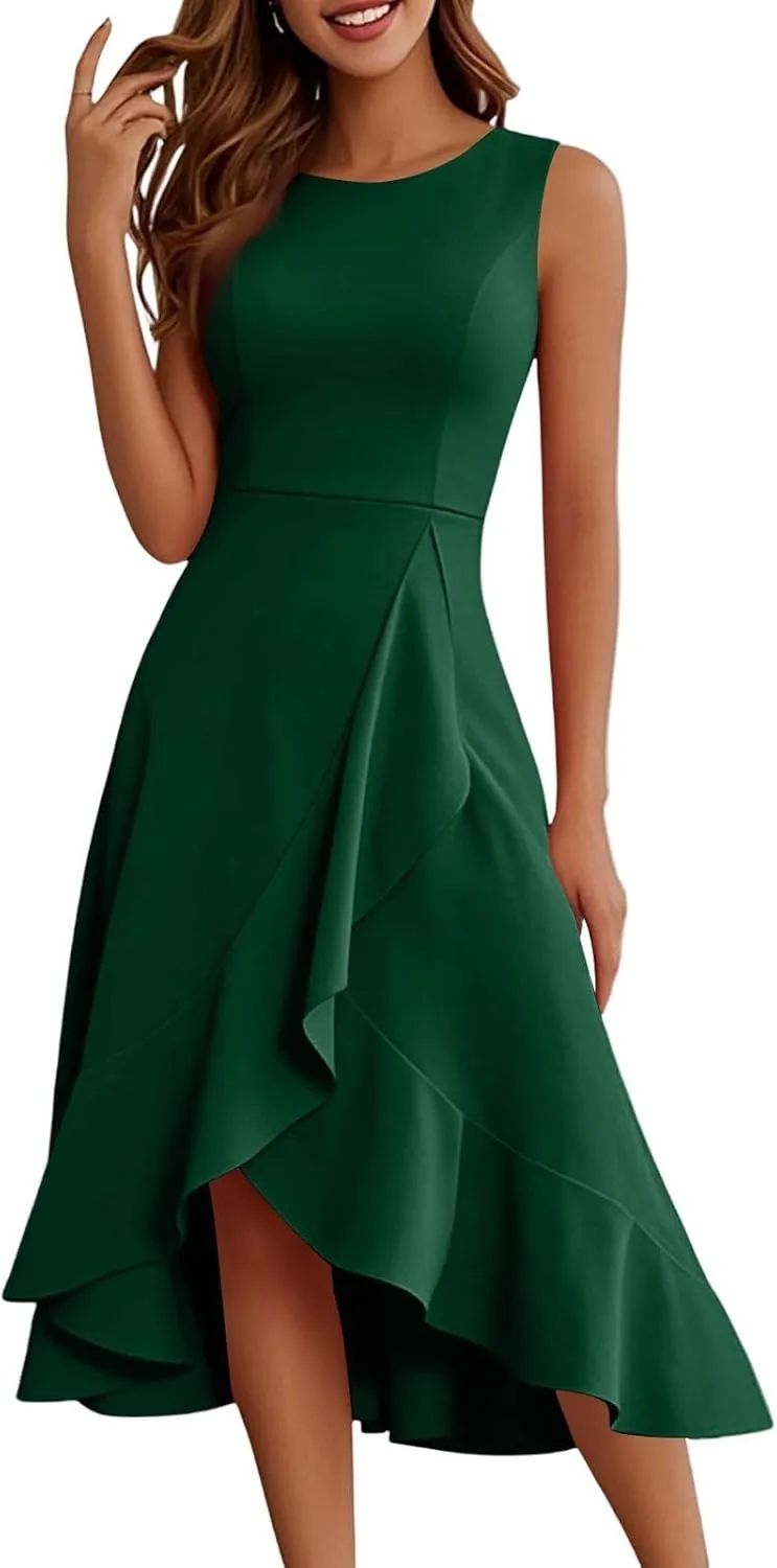 Women's Cocktail Party Formal Wedding Guest Church Dresses Sleeveless Midi Modest Graduation Prom Evening Dress