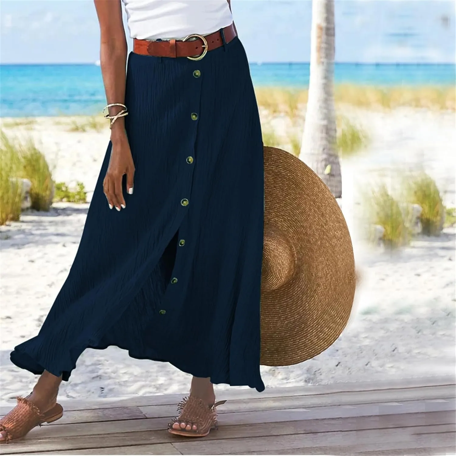Womens Cotton Linen Skirts Button Down High Waist A Line Long Skirt Flowy Lightweight Slit Beach Maxi Skirt
