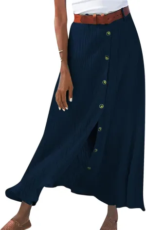 Womens Cotton Linen Skirts Button Down High Waist A Line Long Skirt Flowy Lightweight Slit Beach Maxi Skirt